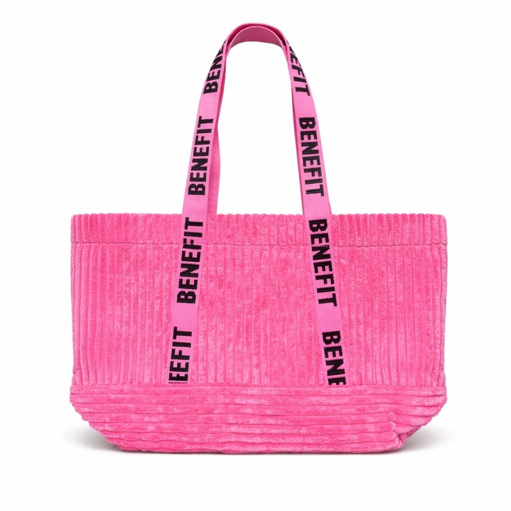 Benefit Cosmetics 2024 Large Corduroy Tote Bag Pink Logo Strap Recycled NEW